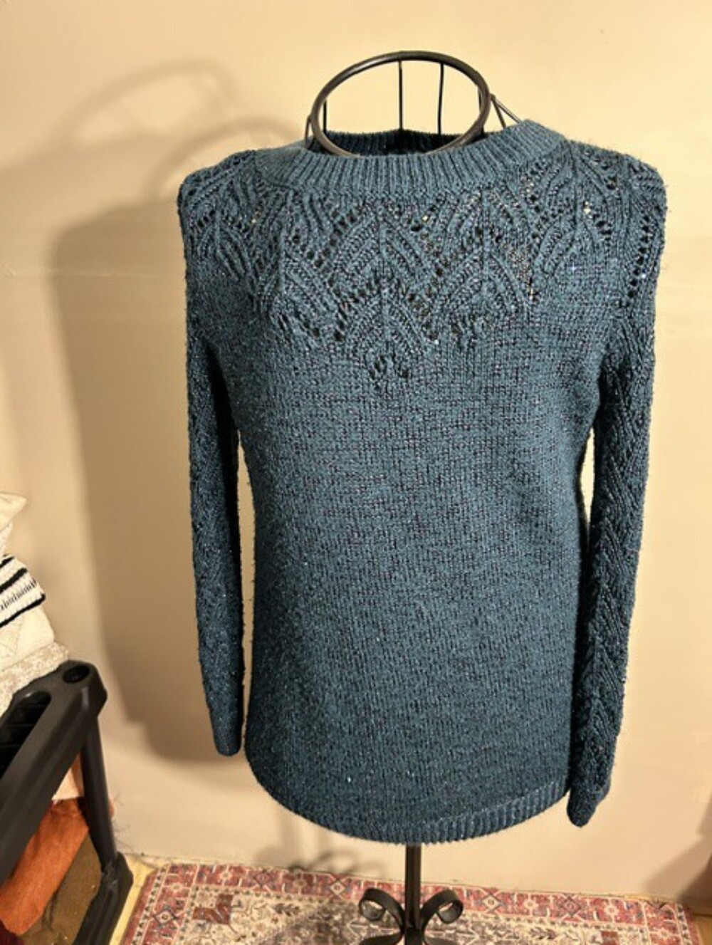Maurices Teal Knit Crewneck Sweater with Lace Yoke